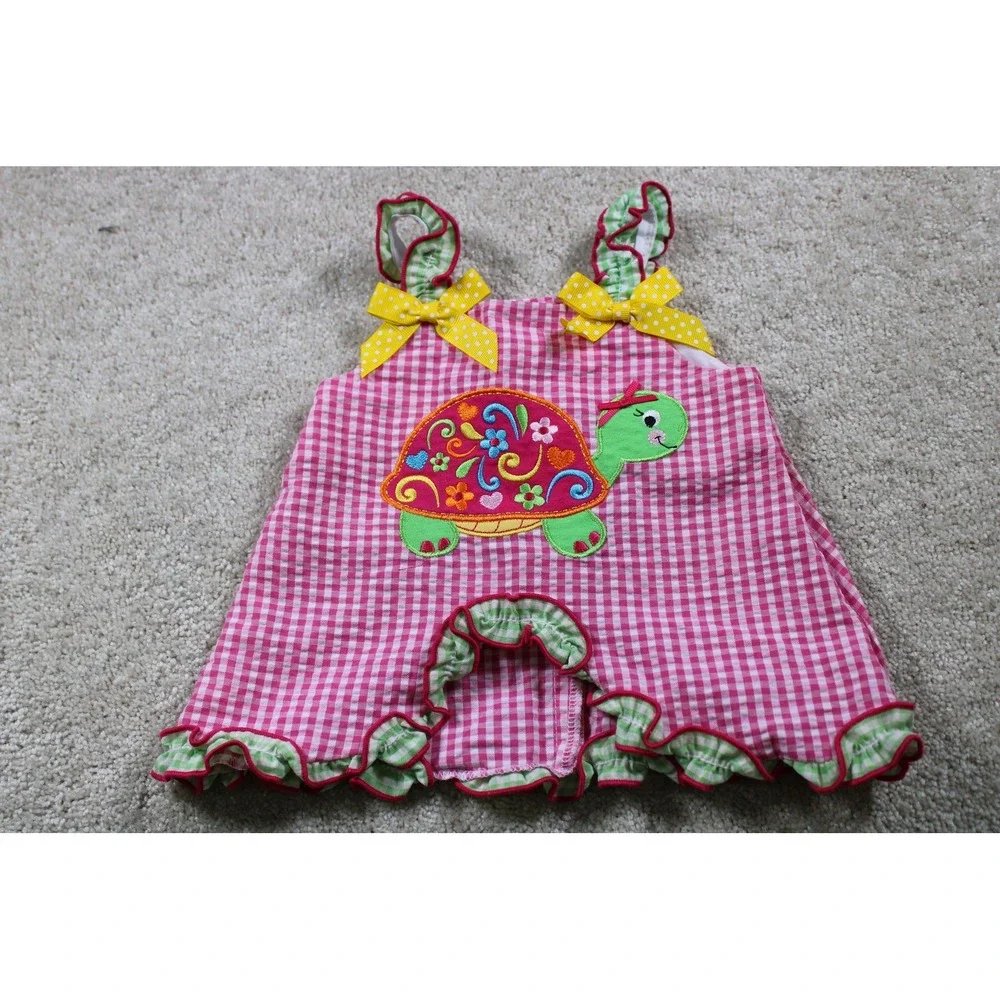 Goodlad Baby Girl Pink Gingham Romper 6 Months Turtle Applique Ruffle Bow Outfit
